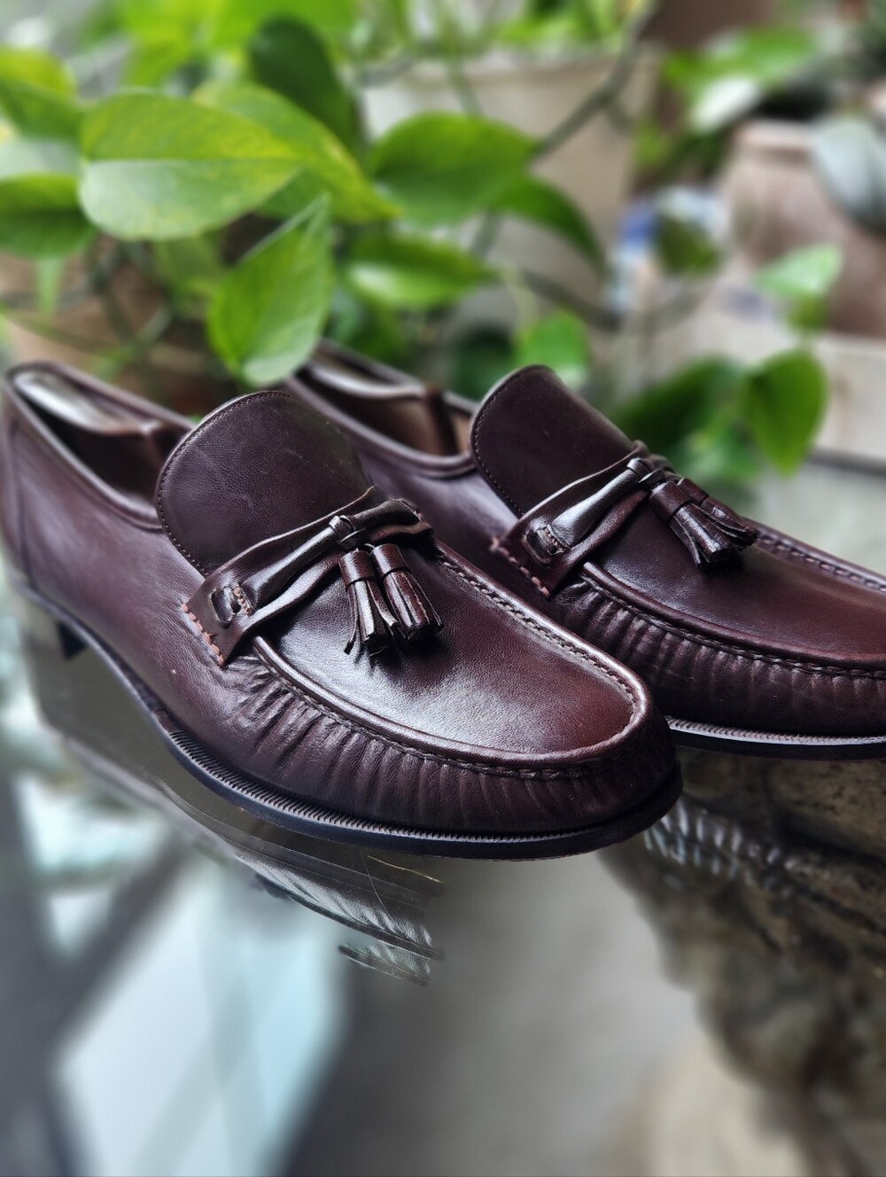 Vtg Florsheim Royal Imperial Brown Leather Tassel Loafers 11 E V-Cleat 1984 Ivy